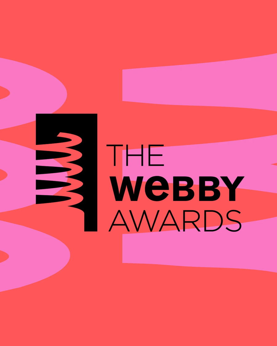 The image features the Webby Award logo, showcasing a black spiral trophy icon on a red background with pink abstract shapes.