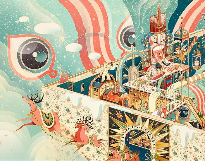 A whimsical, colourful illustration featuring reindeer pulling a sleigh, astronauts on a fantastical structure, and large eyes in the sky with swirling patterns, stars, and candy cane-like arches in a dreamy winter scene.