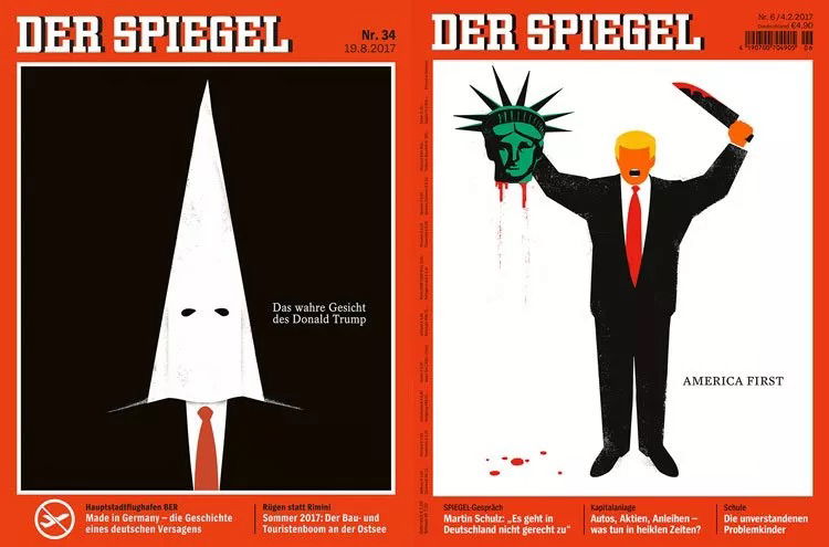 Two Der Spiegel magazine covers: one shows a suited figure with a Ku Klux Klan hood labelled Das wahre Gesicht des Donald Trump, the other shows Trump holding a bloodied knife and the Statue of Liberty’s severed head.