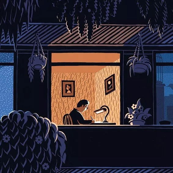 A person sits alone at a desk under a lamp, writing in a warmly-lit room at night. The scene is viewed from outside the window, surrounded by hanging plants and foliage in the darkness.
