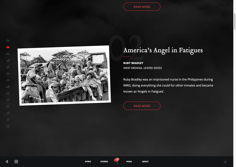 Black and white photo of Ruby Bradley and a group of uniformed soldiers smiling and sitting on a military vehicle, surrounded by trees. Text describes her as “America’s Angel in Fatigues” for helping others during the Second World War.