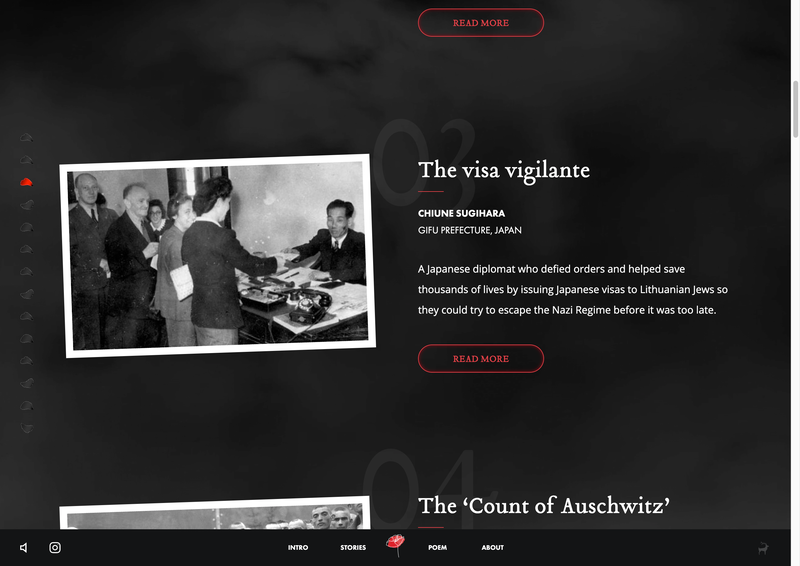 Black and white photo of Chiune Sugihara at a desk, signing documents as others look on. Text describes him as a Japanese diplomat who issued visas to help Jews escape the Nazi regime.