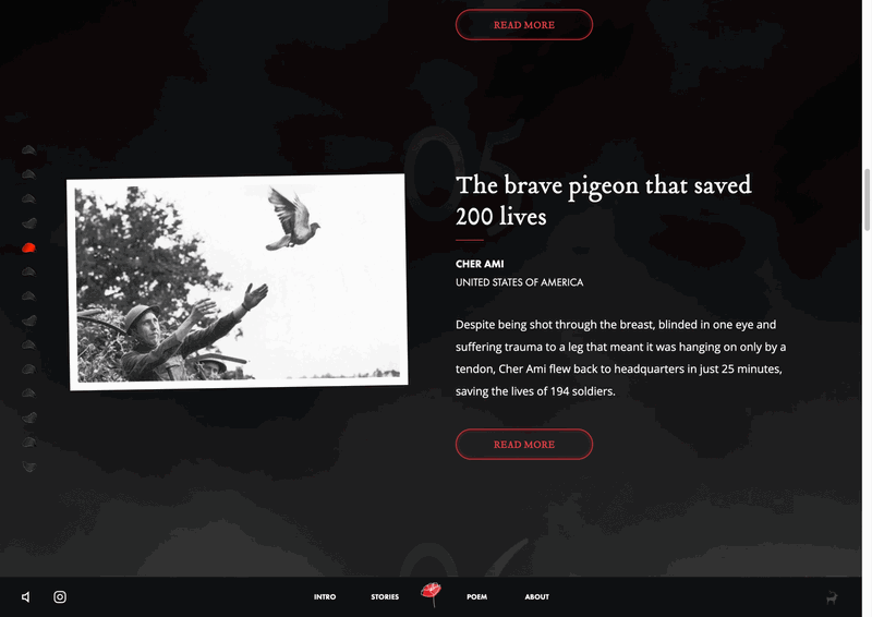 A black-and-white photo shows a soldier releasing a pigeon into the air, accompanied by text describing Cher Ami, a pigeon that saved 200 lives during war by delivering a critical message despite grave injuries.