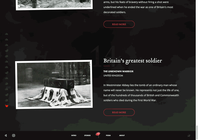 A black-and-white photo of the Tomb of the Unknown Warrior, draped with a Union Jack flag, inside Westminster Abbey. Text beside it reads about Britain’s greatest soldier and the Unknown Warrior of the First World War.