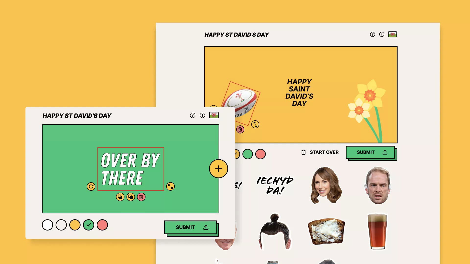 Two overlapping computer game windows on a yellow background, featuring St David’s Day themes for University to Blue Stag. One window says OVER BY THERE, the other displays HAPPY SAINT DAVID’S DAY with a rugby ball and daffodils.