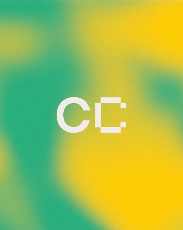 White letters “C” and a square bracket-like symbol, evoking the Clean Creatives brand, appear on a blurred yellow and teal background. The abstract design features soft colour transitions with the letters centred for a modern look.