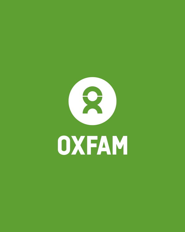Oxfam logo featuring a white stylised person inside a circle above the word OXFAM in bold white letters, set against a green background—a striking example of impactful graphic design.