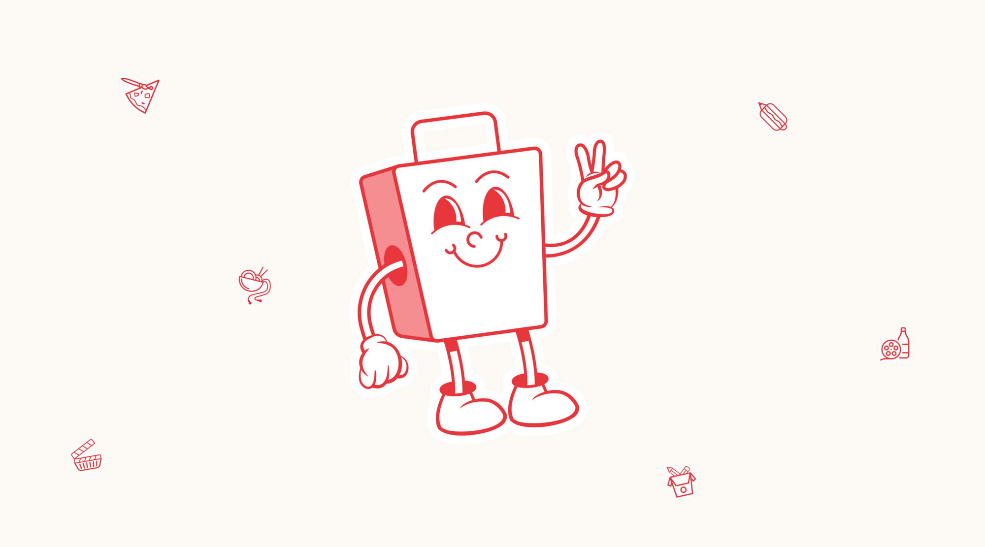 A cartoon takeaway box with a happy face, gloves, and shoes stands smiling and flashing a peace sign—ready to serve up smiles like work experience on the job! Small food icons, like pizza and fruit, are scattered around the light background.