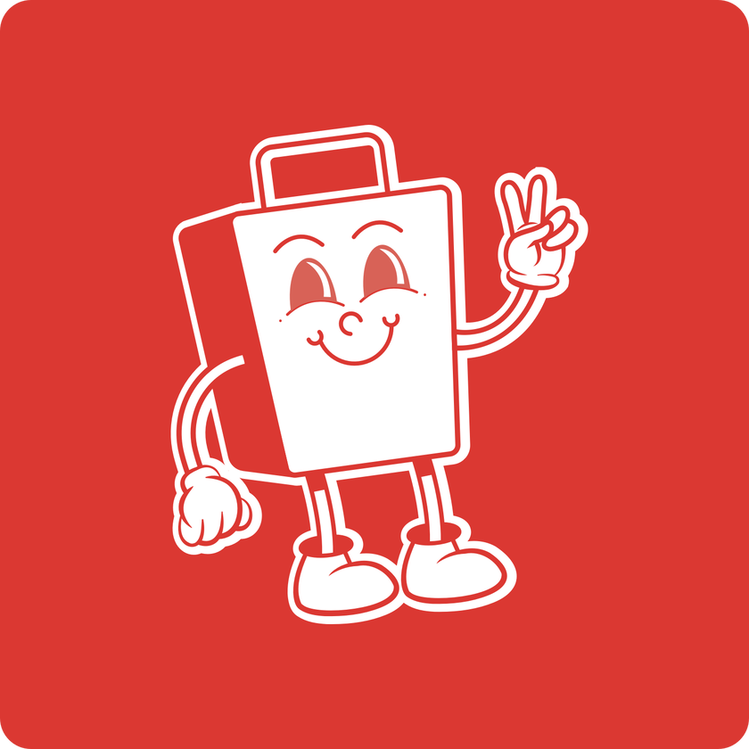 A cartoon shopping bag with a happy face, wearing gloves and shoes, stands on a red background, making a peace sign with its right hand—ready to brighten up your work experience.