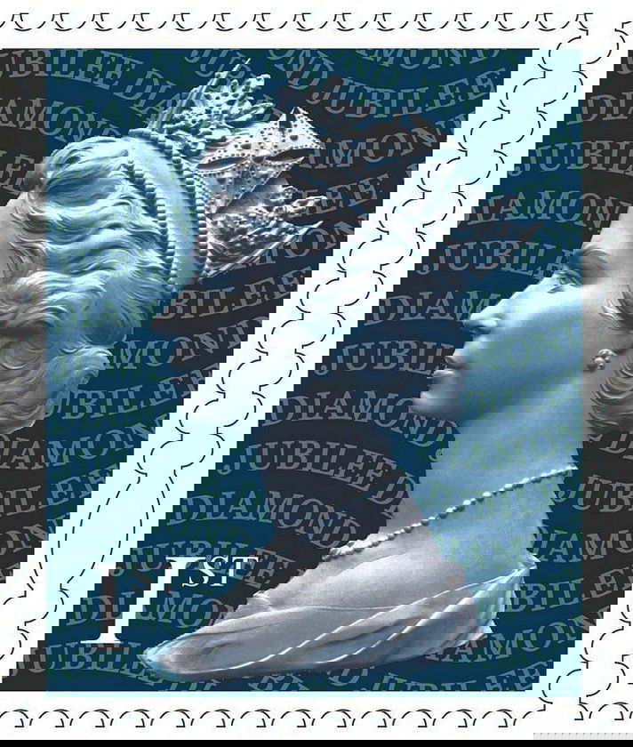 A postage stamp featuring a profile portrait of Queen Elizabeth II wearing a crown and pearl necklace, with “DIAMOND JUBILEE” in the background and “1ST” in the lower left, celebrating The Queen’s Platinum Jubilee.