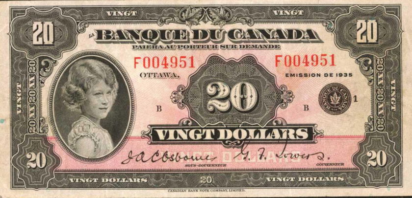 A 1935 Canadian $20 note featuring a portrait of a woman on the left, marked Banque du Canada and Vingt Dollars in French. The primarily black and beige note is a unique collectible, especially during The Queen’s Platinum Jubilee year. Serial: F004951 in red.