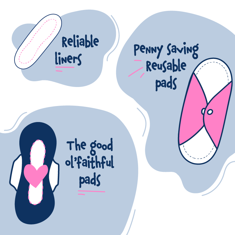 Illustration showing three types of menstrual products: a pantyliner labelled Reliable liners, a reusable pad labelled Penny saving reusable pads, and a maxi pad labelled The good ol’ faithful pads.