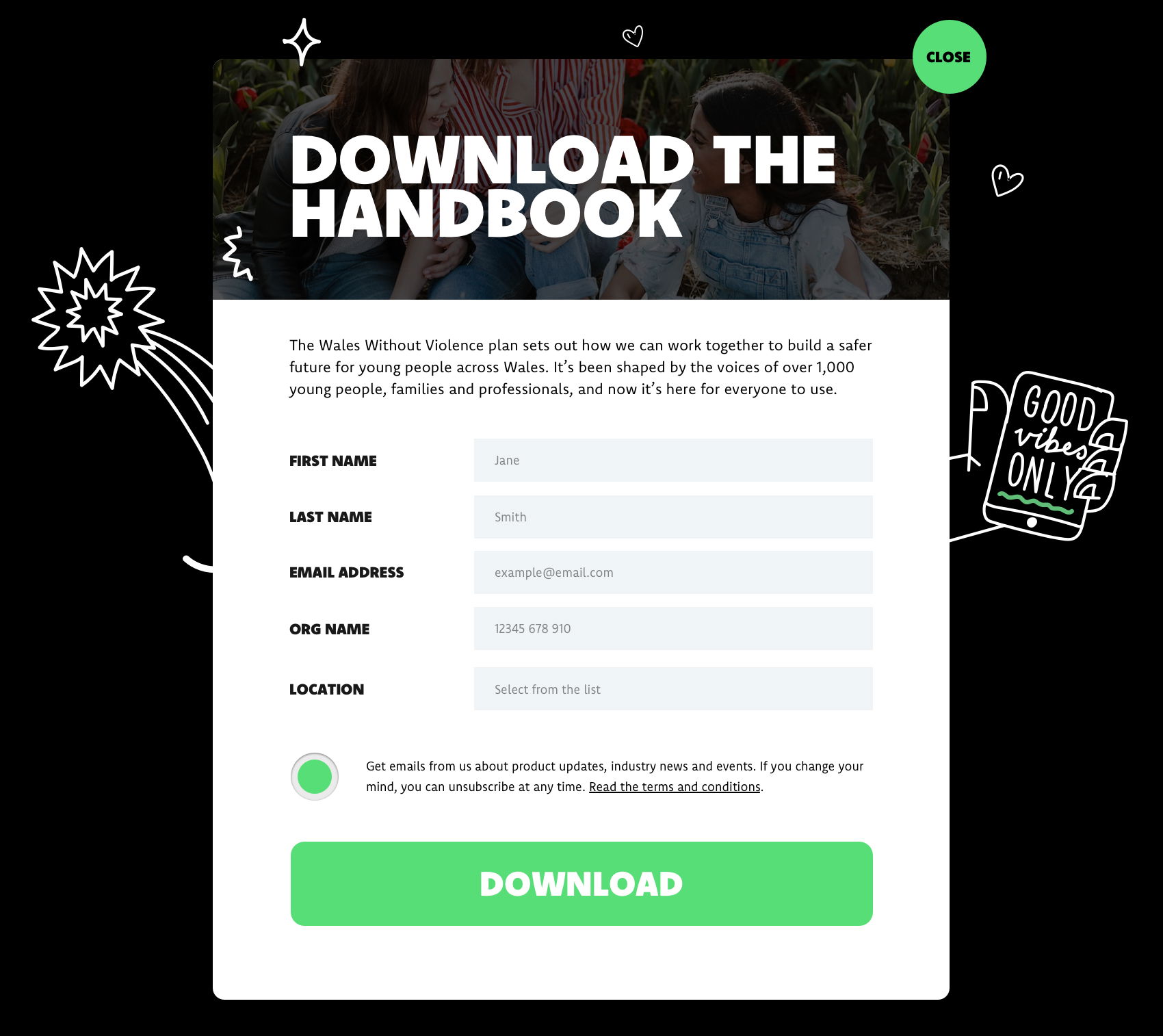 A web form titled Download the Handbook asks for name, email, organisation name, and location. A green Download button is at the bottom. Decorative icons and text are in the background.