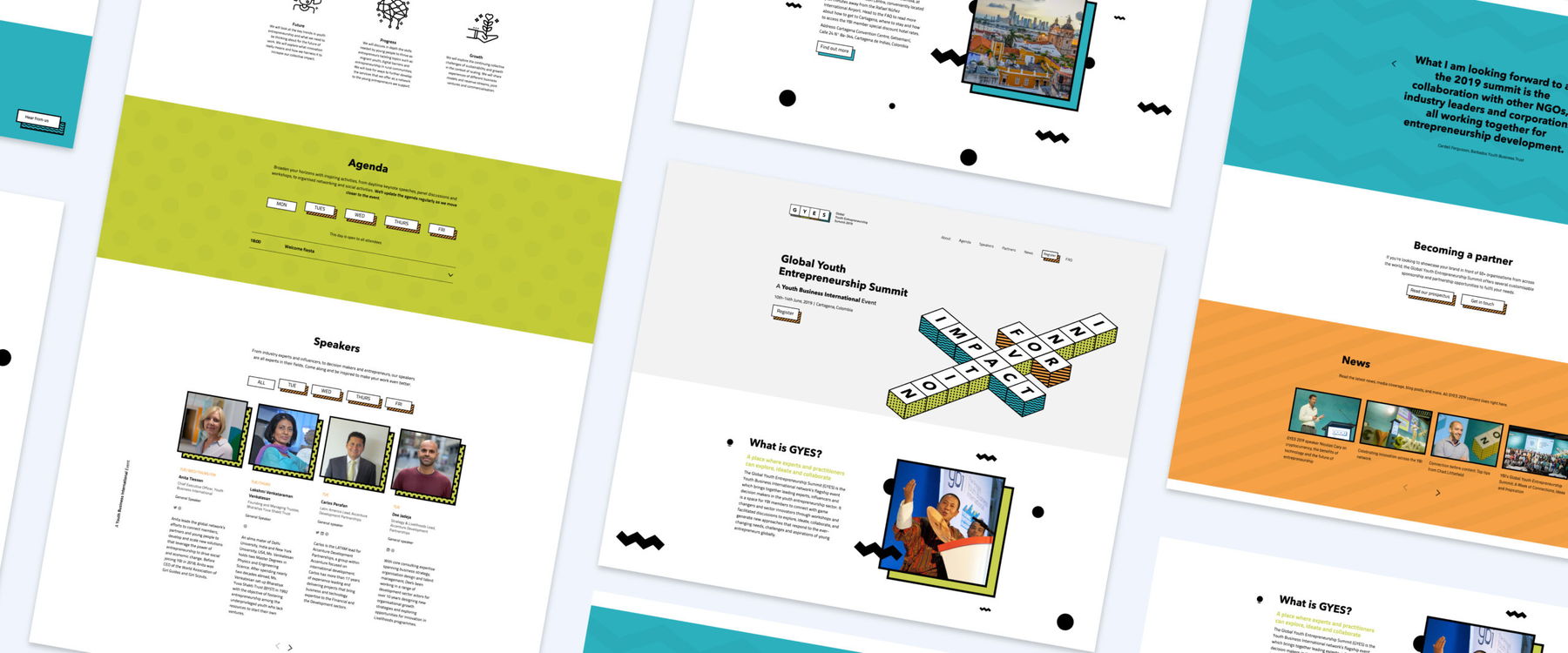 A collage of website layout designs featuring sections for agenda, speakers, news, images, and graphics with colourful backgrounds and modern, clean organisation.