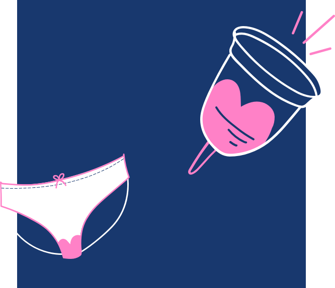 Illustration of a white menstrual cup with pink accents and a white pair of knickers with a pink spot, both on a dark blue background, representing menstrual products and periods.