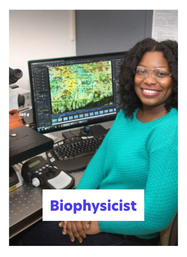 A smiling woman wearing glasses and a teal jumper sits at a desk with scientific equipment and a computer displaying a colourful microscopic image. A label reads Biophysicist.