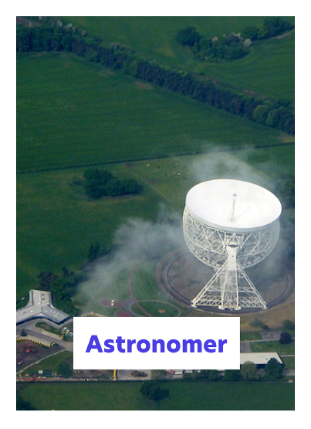 A large white radio telescope dish stands in a green field with trees nearby. White smoke or mist surrounds the base. The word Astronomer is written in bold purple letters at the bottom.