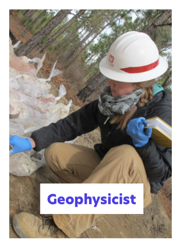 A person wearing a hard hat, gloves, and outdoor gear examines soil samples in plastic bags in a wooded area. A notebook is held in one hand. The word Geophysicist appears at the bottom.