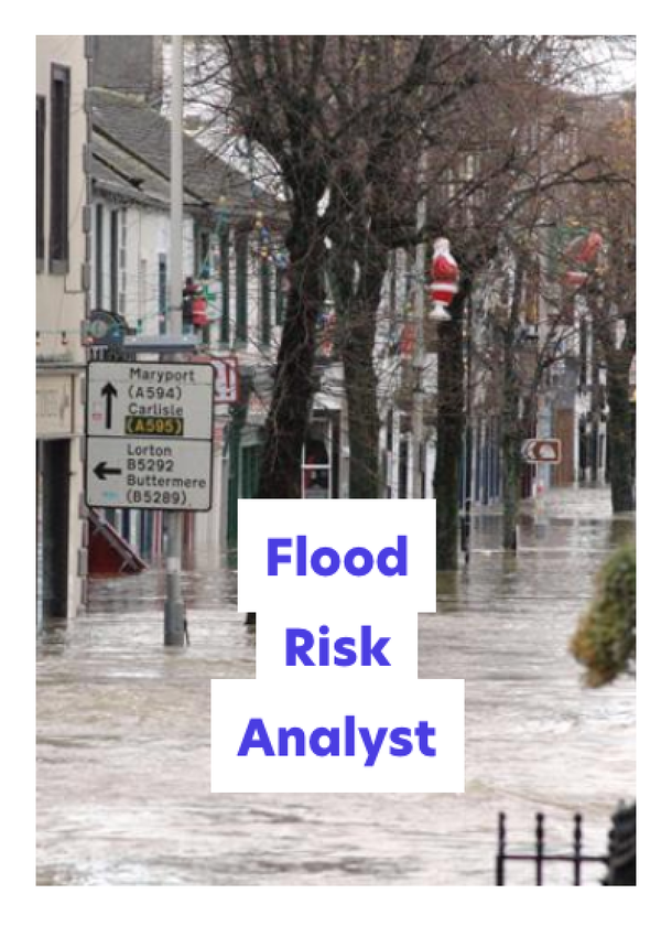 A flooded street in a town with water covering the road and reaching shopfronts; road signs are visible, and the text Flood Risk Analyst is overlaid in blue.