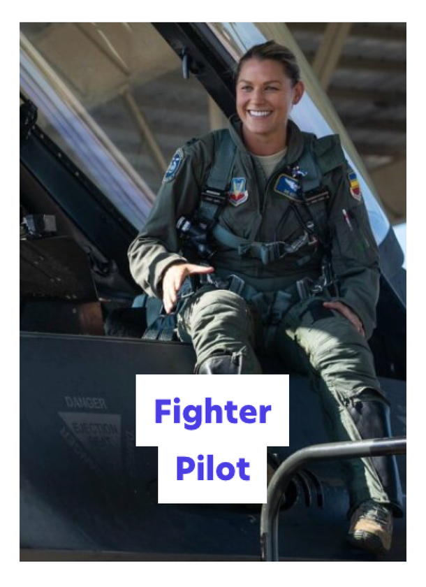 A smiling fighter pilot in uniform sits on the edge of a jet cockpit. She is wearing a flying suit and harness, with patches on her sleeves. The words Fighter Pilot are displayed in bold letters at the bottom.