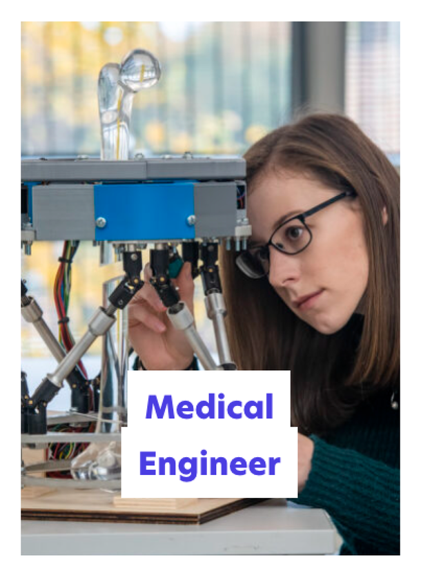 A woman wearing glasses closely examines a robotic medical device on a table. The words Medical Engineer are written in bold blue letters at the bottom of the image.