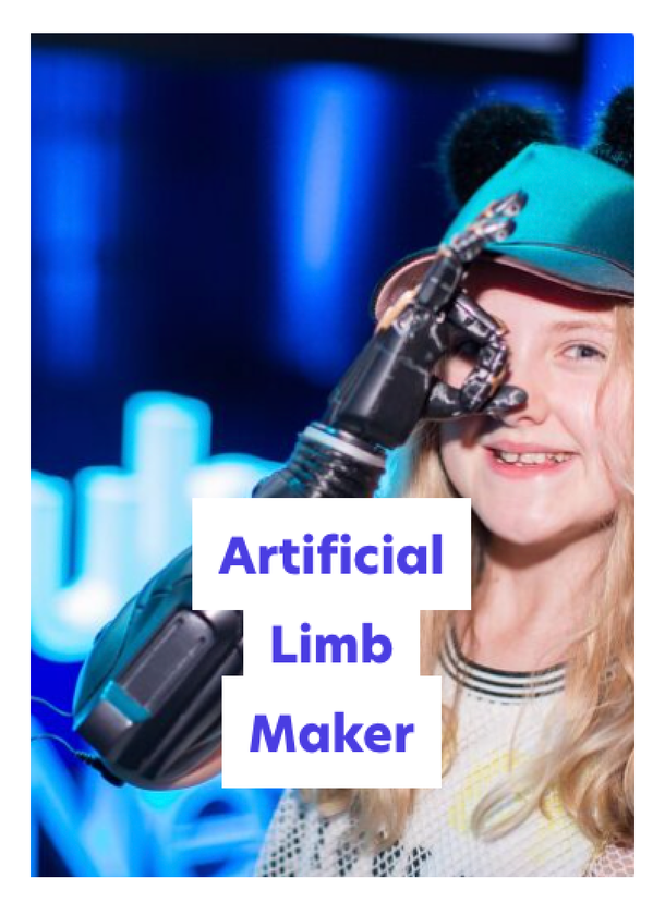 A smiling girl wearing cat ears and a cap shows off her advanced robotic arm. Overlay text reads: “Artificial Limb Maker.” The background is blue and slightly blurred.
