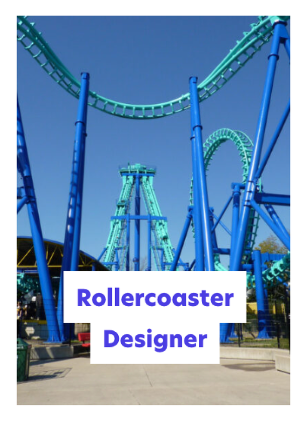 A vibrant blue and green rollercoaster with loops and twists towers against a clear sky. Bold text in a white box reads Rollercoaster Designer.