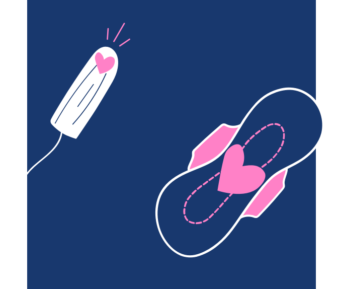 Illustration of a tampon and a sanitary towel, each decorated with a pink heart, set against a dark blue background. The towel has pink side wings and a stitched heart pattern.