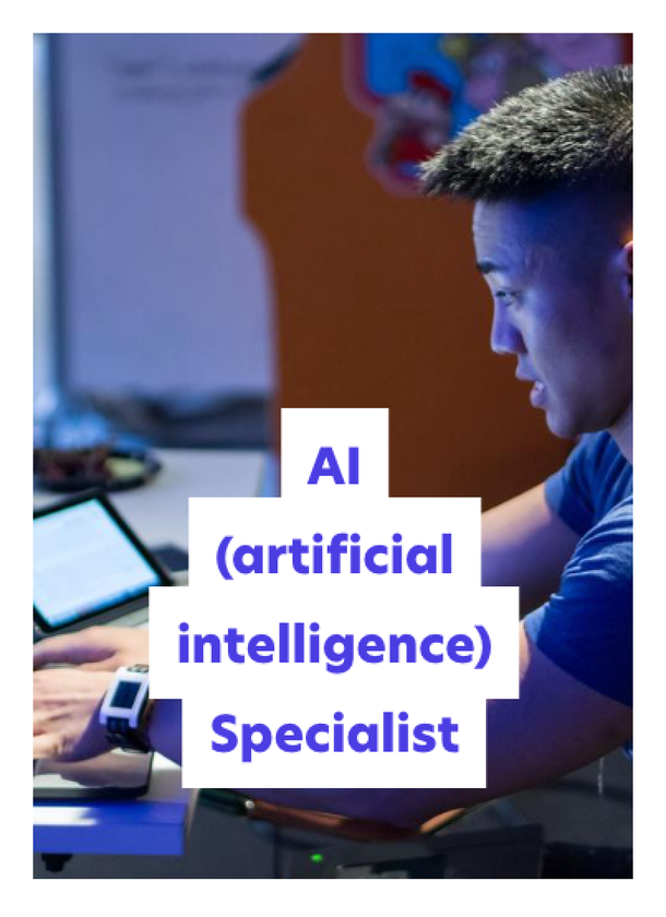 A person typing on a laptop, wearing a smartwatch, with the text AI (artificial intelligence) Specialist overlaid in bold letters. The background is blurred, highlighting the focus on technology.