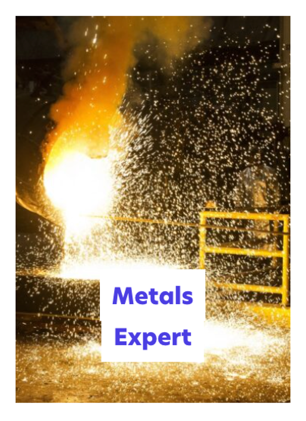 Molten metal being poured in a foundry, creating bright sparks and intense light, with the words Metals Expert in bold blue text at the centre.