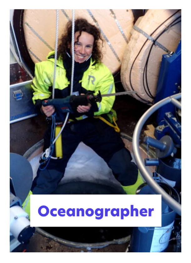 A smiling person in a yellow jacket and black trousers sits on the edge of an ice hole on a research vessel, holding equipment. The word Oceanographer is in bold text at the bottom.