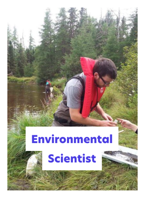 A man wearing a red life jacket collects samples by a riverbank in a forested area. Another person stands by the water. Text reads Environmental Scientist.