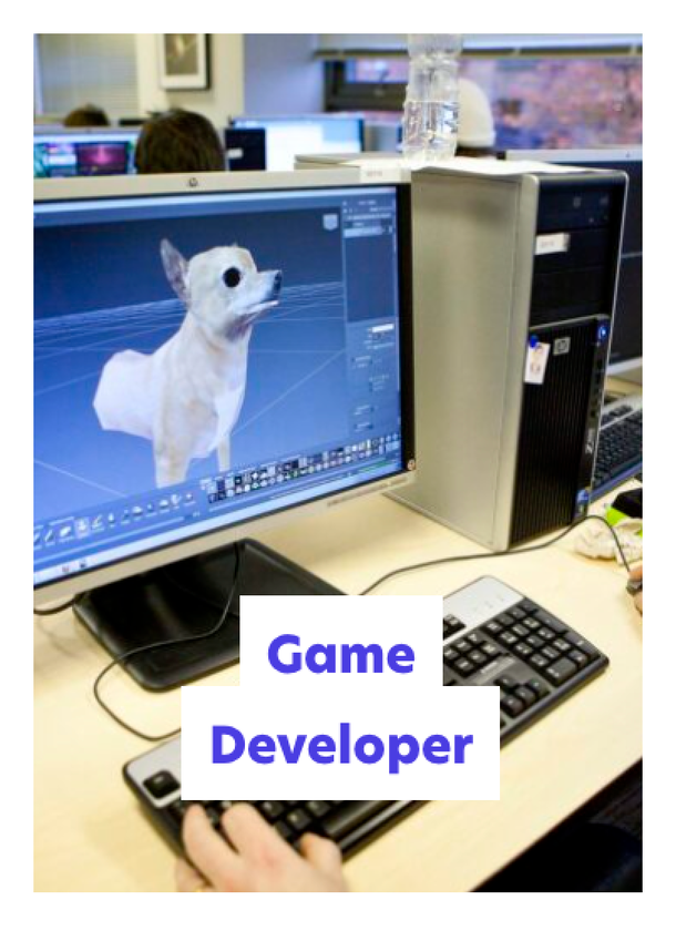 A person works at a computer, creating a 3D dog model on the screen. A sign on the monitor reads Game Developer. A water bottle is placed on top of the desktop tower.