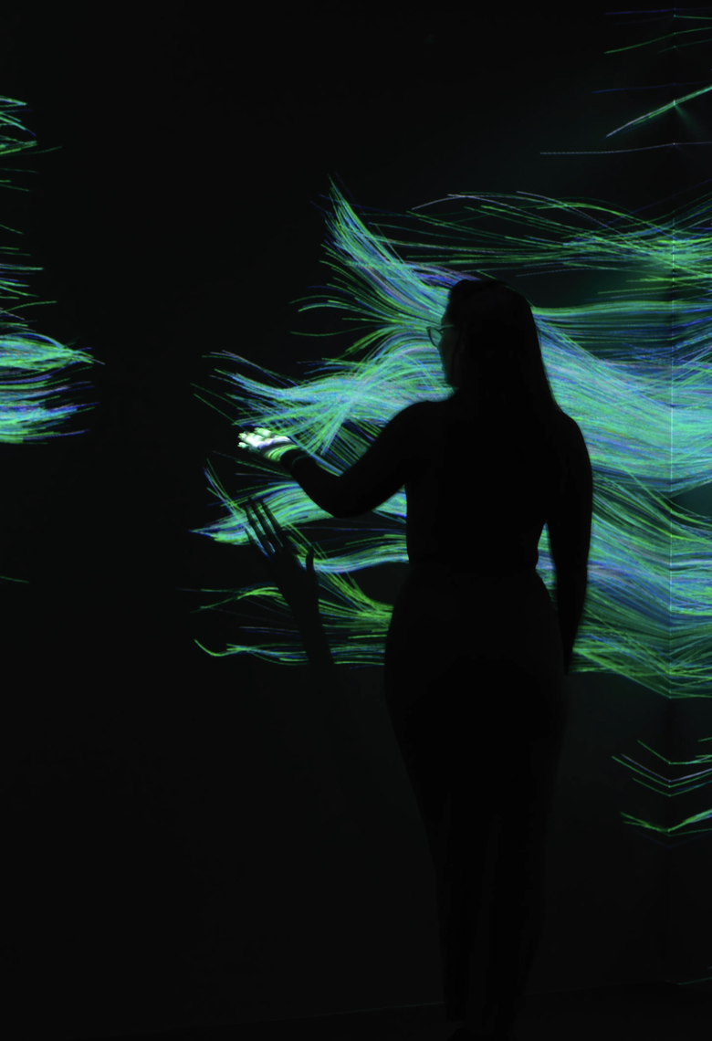 A silhouette of a person interacts with swirling, neon green and blue light patterns projected on a dark background, creating an abstract, futuristic scene.