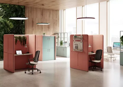 Modern office space with pink partitioned workstations, swivel chairs, and desks with laptops. Large windows provide natural light, and there are plants and storage cupboards in the background. The design is open and minimalistic.
