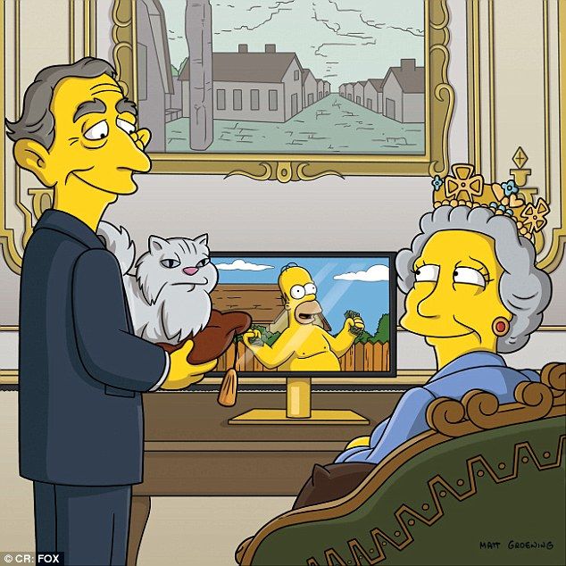 A cartoon scene in The Simpsons style features a royal-looking woman, hinting at The Queen's Platinum Jubilee, wearing a crown as a man presents a fluffy white cat. Behind them, a TV displays Homer Simpson shirtless in a garden and a painting hangs on the wall.