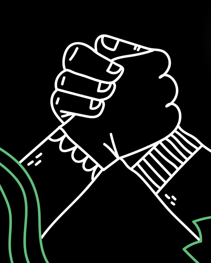 A stylised illustration of two hands clasped together in a handshake against a black background, symbolising unity and support. The hands are outlined in white with minimalistic detailing.