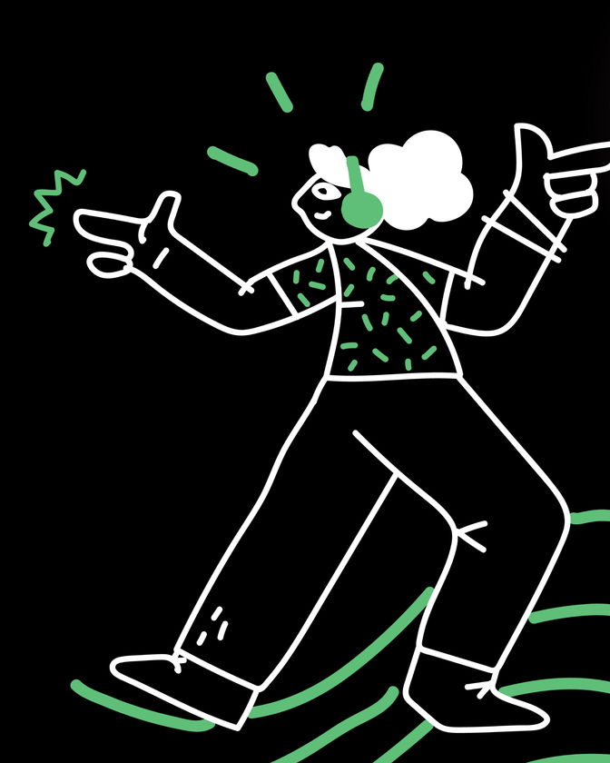 A stylised line drawing of a person with headphones dancing joyfully, wearing a patterned shirt, on a black background with green accents and lines.