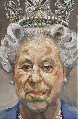 A painted portrait of an elderly woman with white, curled hair, wearing a jewelled crown and pearl earrings, gazing forward with a neutral expression. Visible brushstrokes add texture, celebrating the elegance of The Queen's Platinum Jubilee.