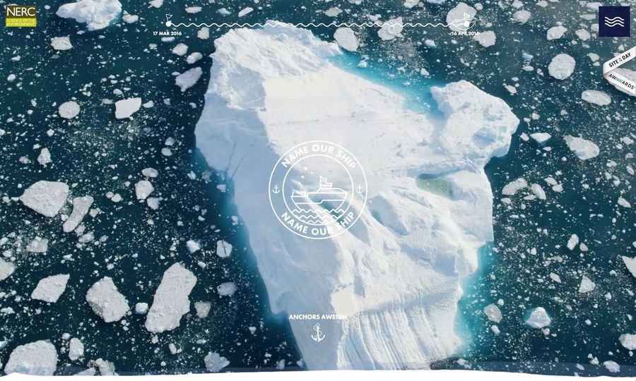 Aerial view of a large iceberg surrounded by smaller ice chunks floating in blue ocean water. The image features a circular logo with a ship and the words Name Our Ship at the centre.