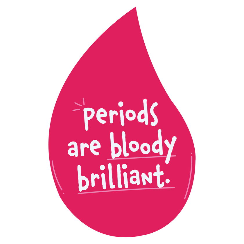 A pink drop shape with white, playful text that reads: anything you can do I can do bleeding.