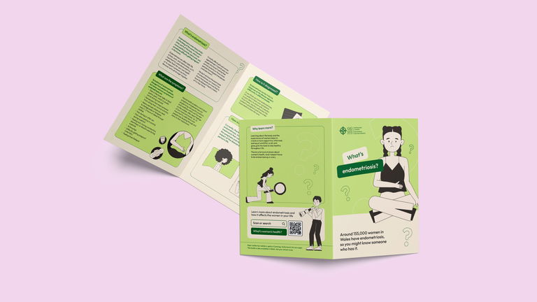 A green and white informational leaflet titled “What’s endometriosis?” features illustrated people, facts about women’s health and symptoms, plus a QR code, all set against a pastel pink background.