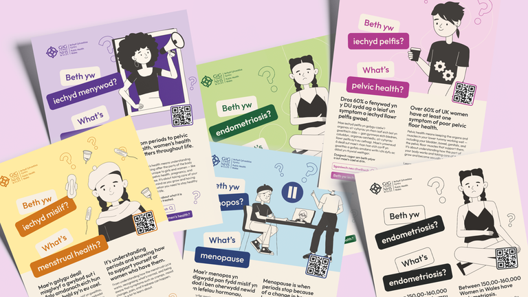 Six illustrated educational leaflets about What’s Women’s Health, covering pelvic health, menopause, menstrual health, and endometriosis, with text, infographics, QR codes, and diverse female characters on pastel backgrounds.