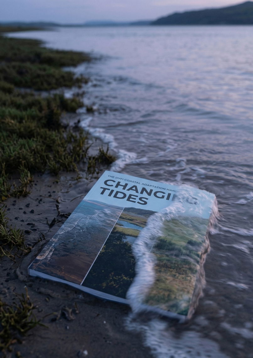 A magazine titled Changing Tides lies partially submerged at the edge of a shoreline, with gentle waves washing over it and grass visible nearby under a dim, cloudy sky.
