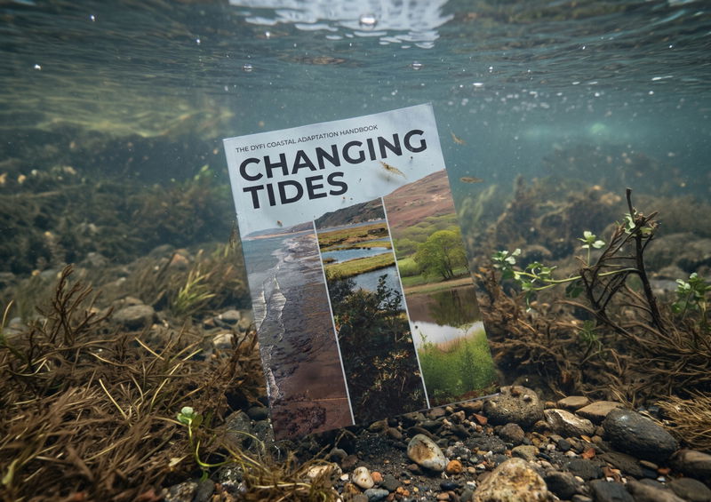 A book titled “Changing Tides” stands upright underwater among rocks, plants, and pebbles, with the water’s surface visible above and small fish swimming nearby.